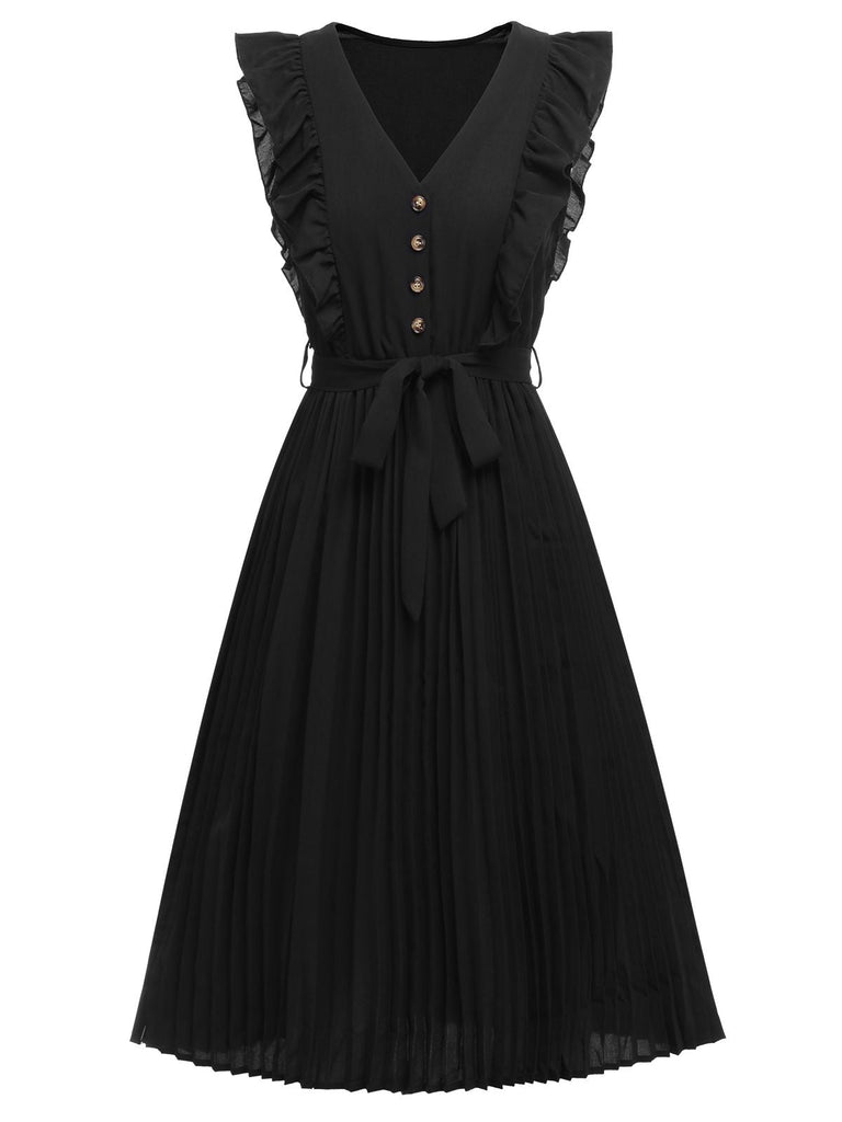 Robe plissée à manches volantes noir solides des années 1940