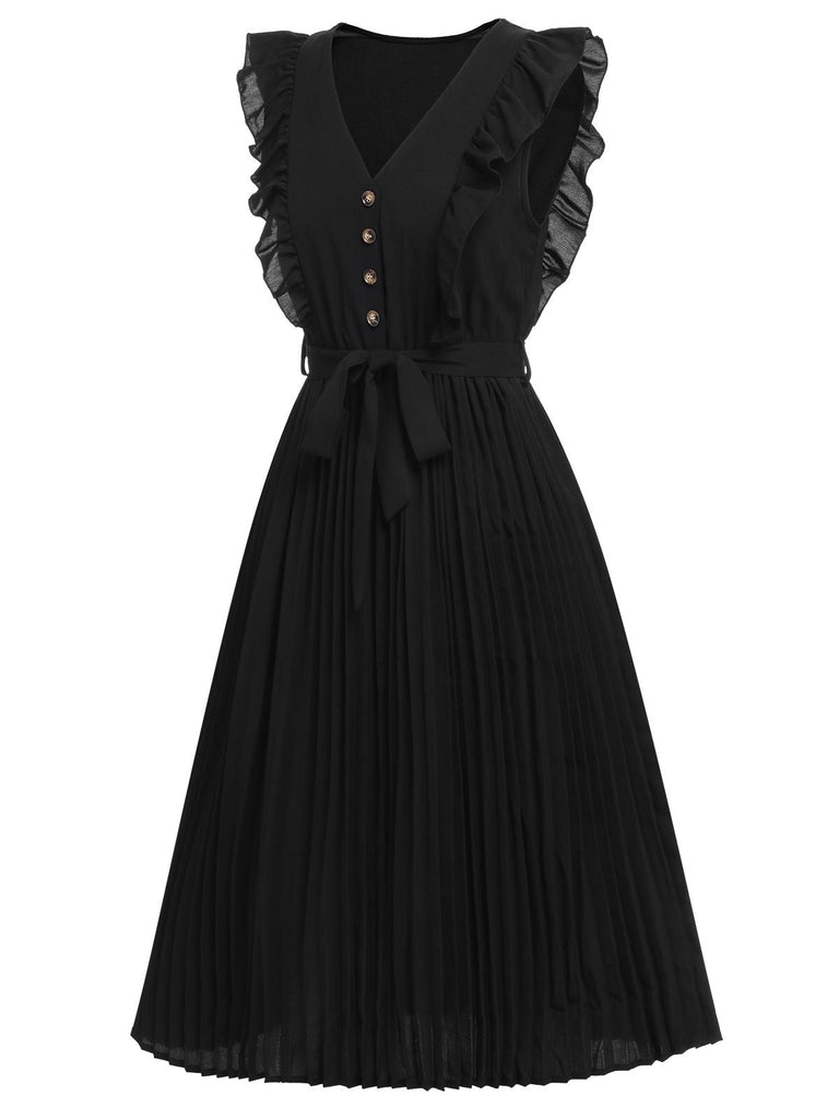 Robe plissée à manches volantes noir solides des années 1940