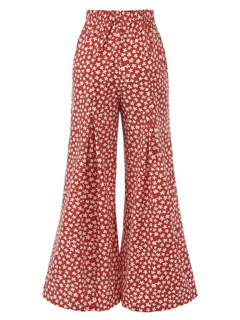 Pantalon large à fleurs taille haute rouge des années 1940