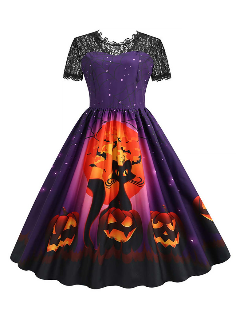 Robe violette en patchwork de dentelle de nuit d'Halloween des années 1950
