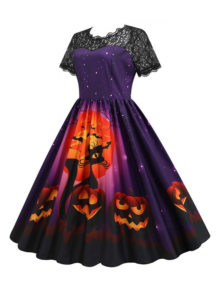 Robe violette en patchwork de dentelle de nuit d'Halloween des années 1950