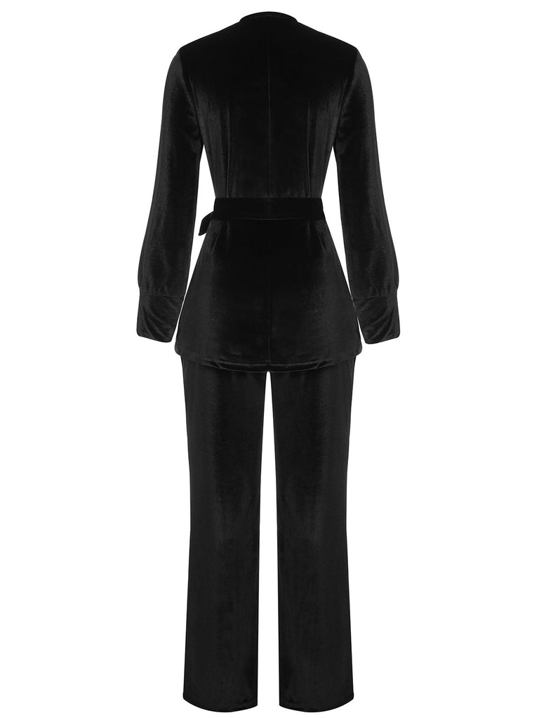 2PCS Top et pantalon en velours noir à col en V de profondeur des années 30