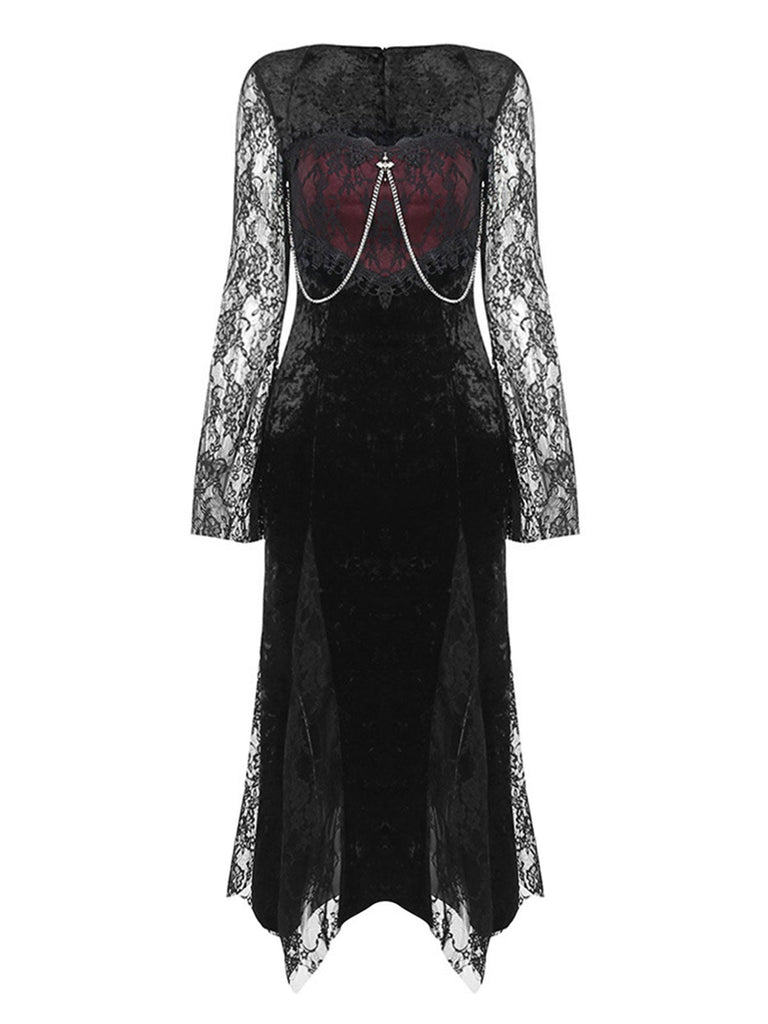 Robe noire en dentelle fendue pour Halloween des années 1960