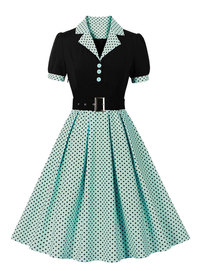 [Grande taille] Robe à revers à pois en blocs de couleurs des années 1950