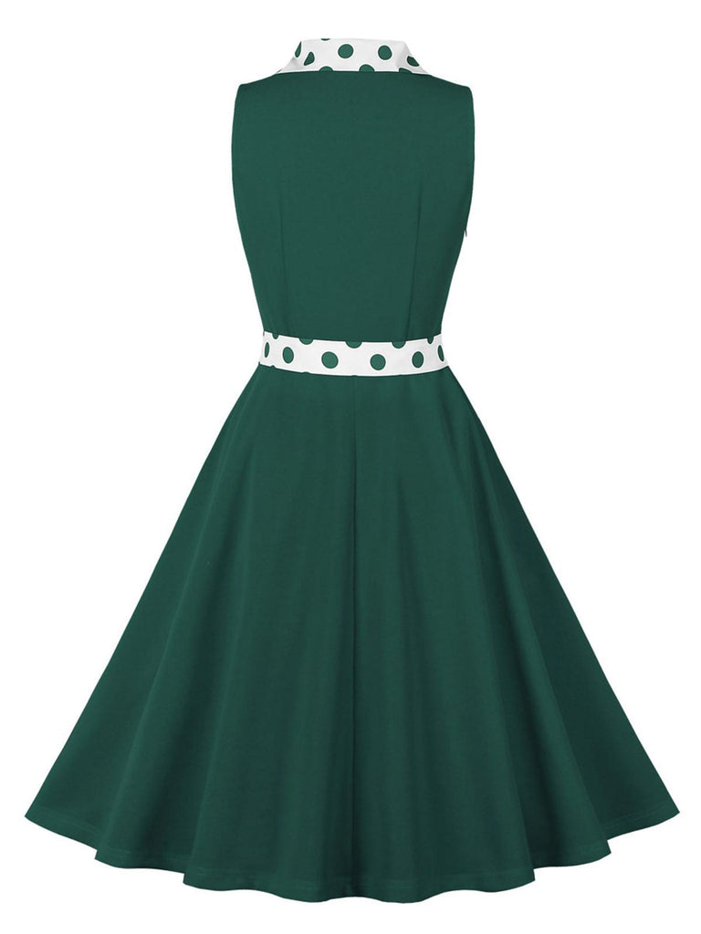 1950s Lapel Polka Dots Sleeveless Belted Dress