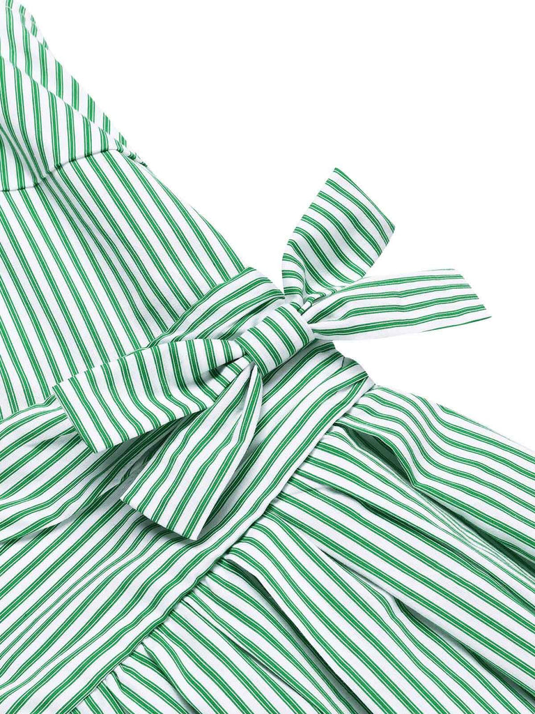 Robe rayée vert menthe à col en V des années 1950