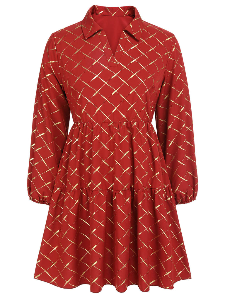 Robe rouge à carreaux à revers des années 1950 de grande taille