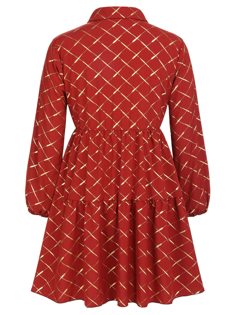 Robe rouge à carreaux à revers des années 1950 de grande taille