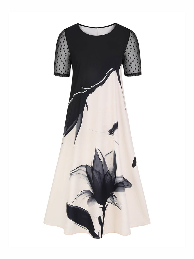 Robe  grande taille à manches transparentes Ink Lotus des années 1940