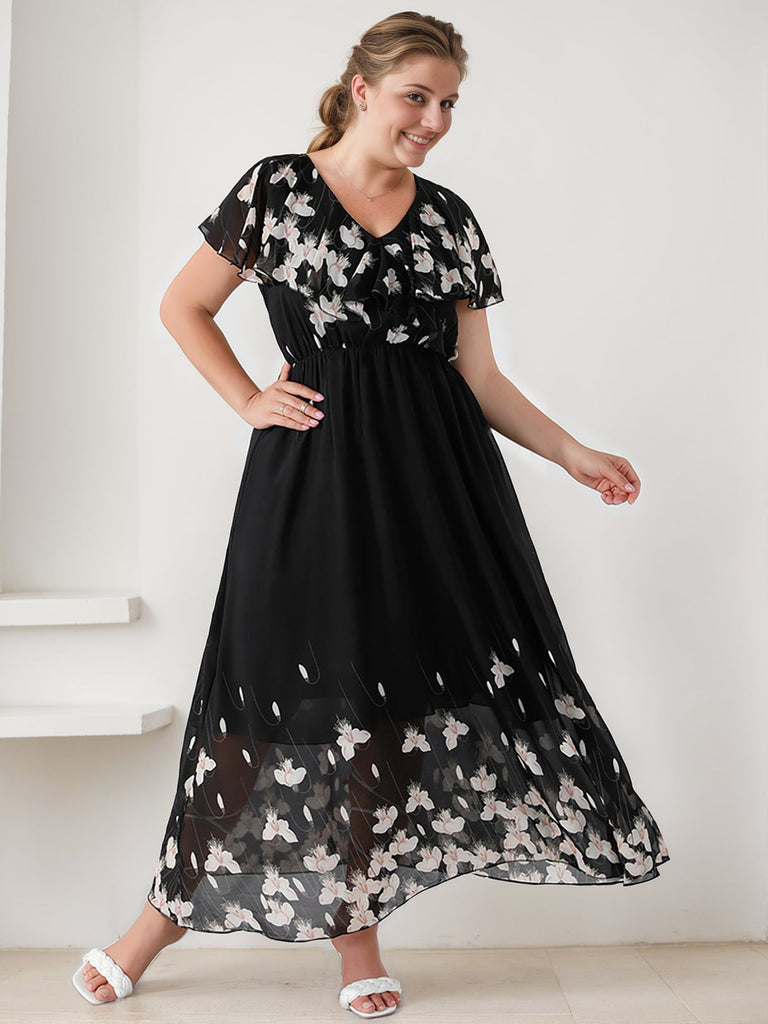 Robe papillons noire grande taille à col en V des années 1950