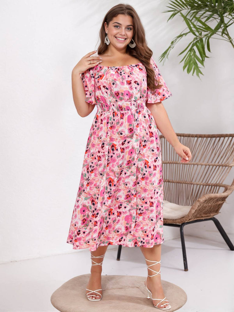 Robe florale grande taille à petites fleurs à col carré des années 1950