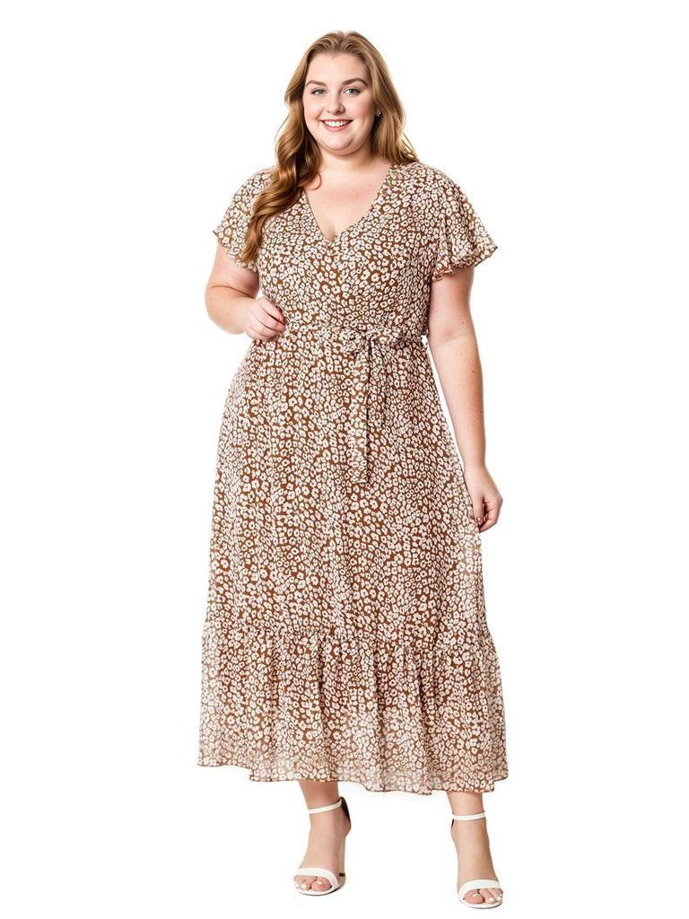 Robe midi grande taille à petites fleurs café clair des années 1930