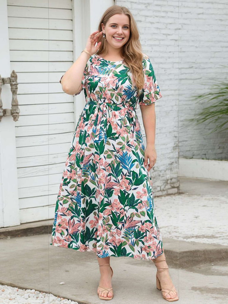 Robe midi grande taille à feuilles vertes et fleurs roses des années 1930