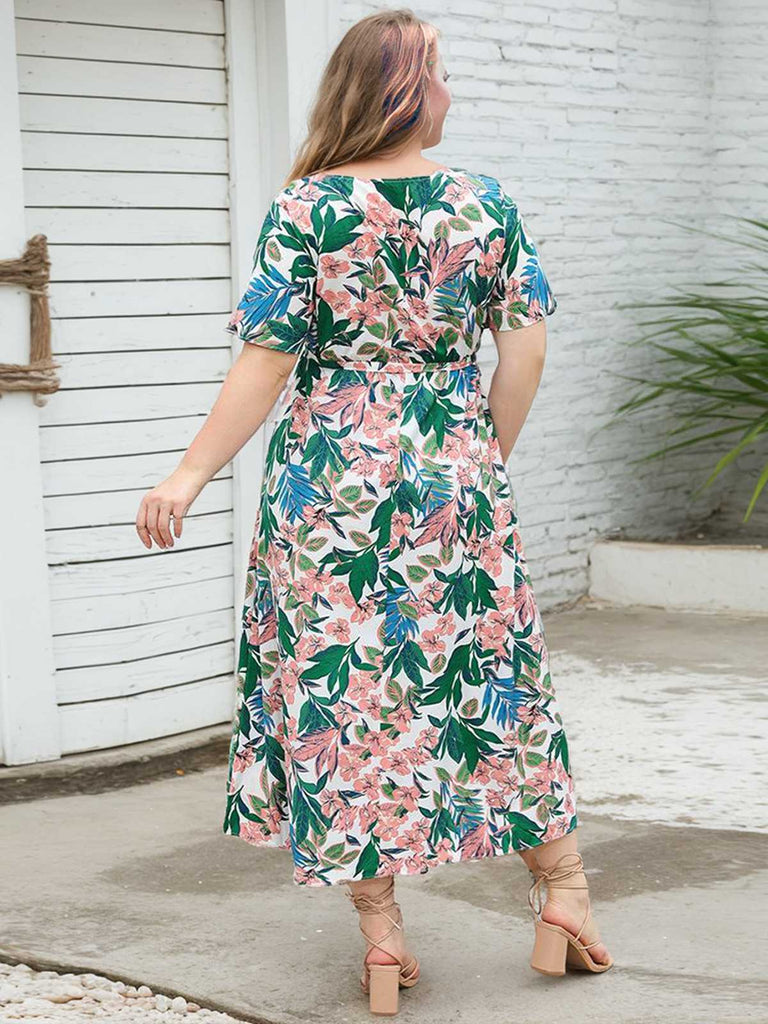 Robe midi grande taille à feuilles vertes et fleurs roses des années 1930