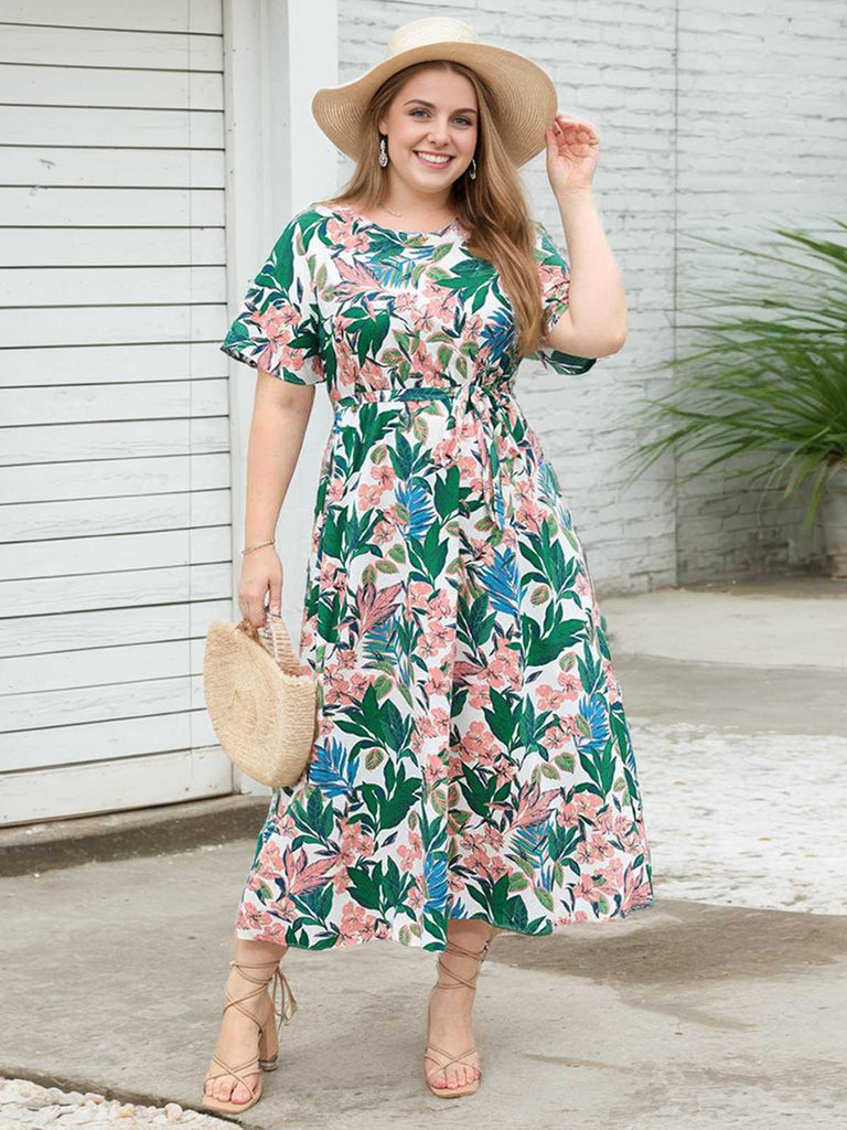 Robe midi grande taille à feuilles vertes et fleurs roses des années 1930