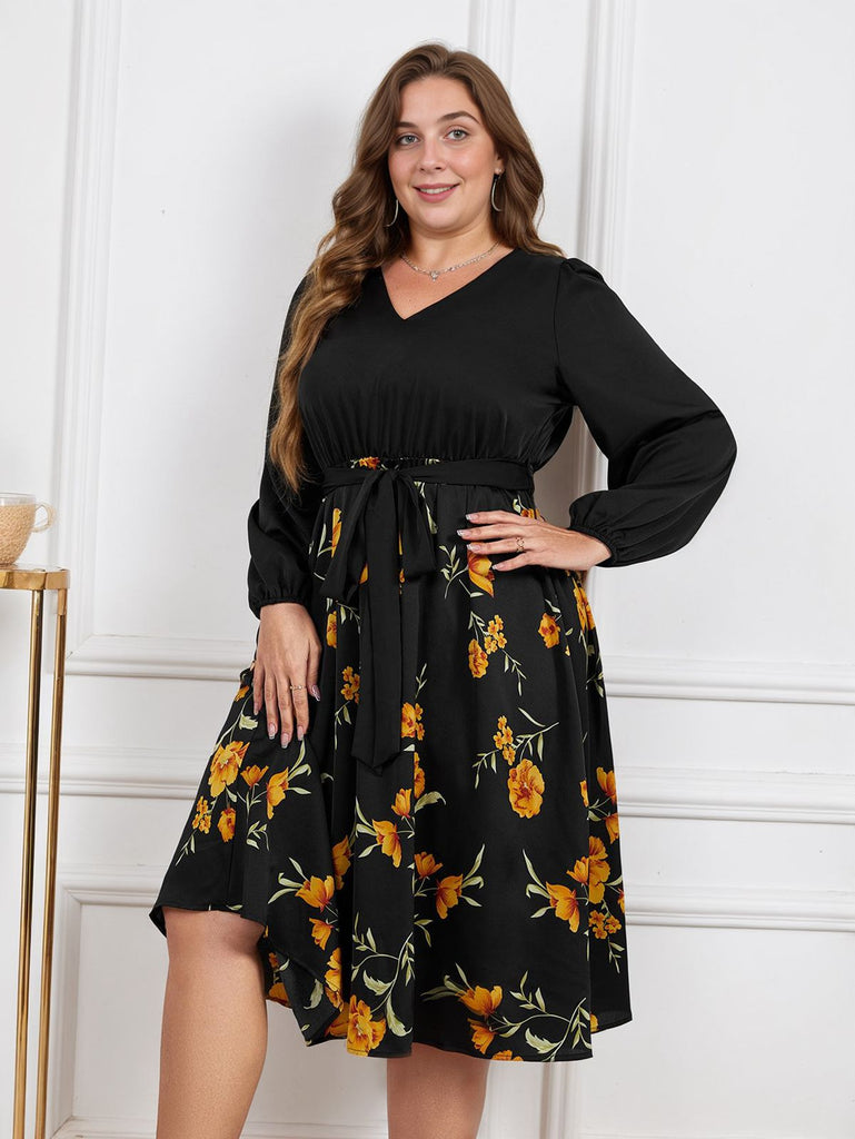 robe noire grande taille à manches longues florale jaune des années 1950