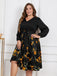 robe noire grande taille à manches longues florale jaune des années 1950