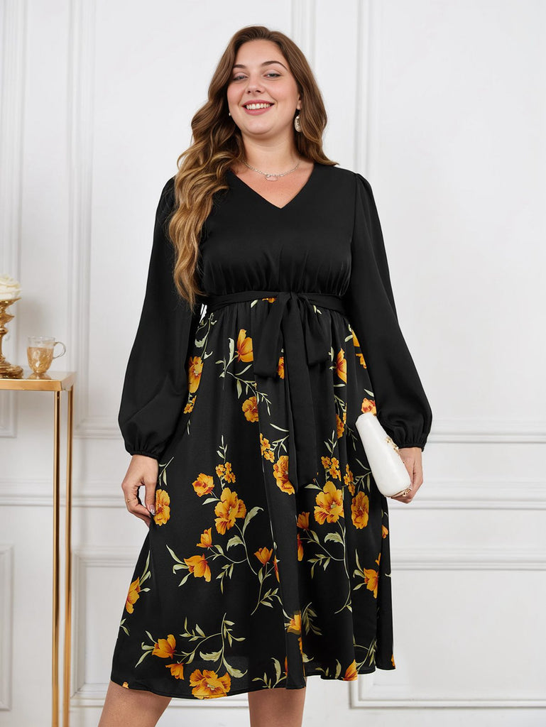 robe noire grande taille à manches longues florale jaune des années 1950