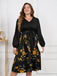 robe noire grande taille à manches longues florale jaune des années 1950