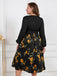 robe noire grande taille à manches longues florale jaune des années 1950