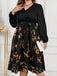 robe noire grande taille à manches longues florale jaune des années 1950