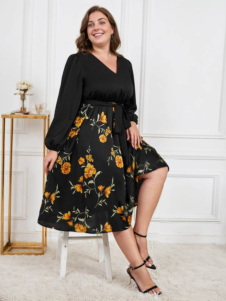 robe noire grande taille à manches longues florale jaune des années 1950
