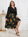 robe noire grande taille à manches longues florale jaune des années 1950