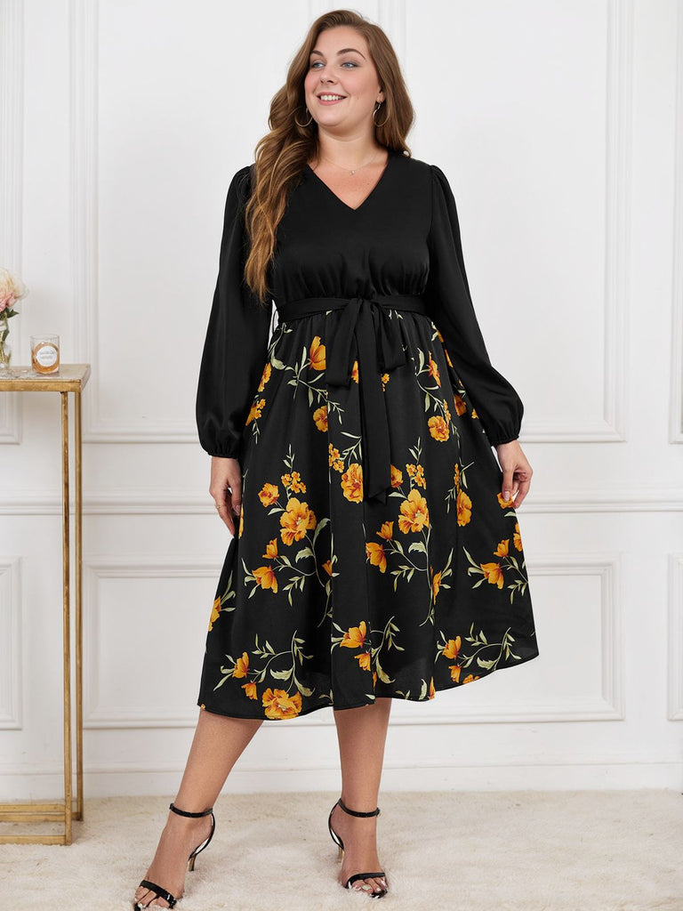robe noire grande taille à manches longues florale jaune des années 1950