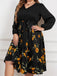 robe noire grande taille à manches longues florale jaune des années 1950