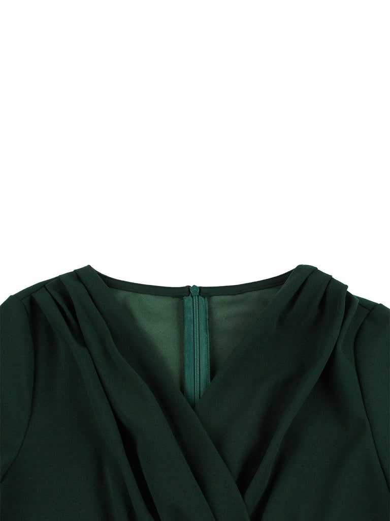 Robe trapèze unie à col en V vert foncé de grande taille des années 1950