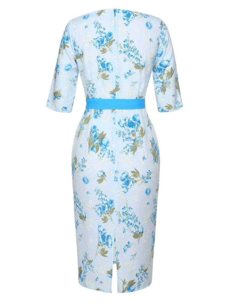 Robe crayon à ceinture florale bleu ciel des années 1960