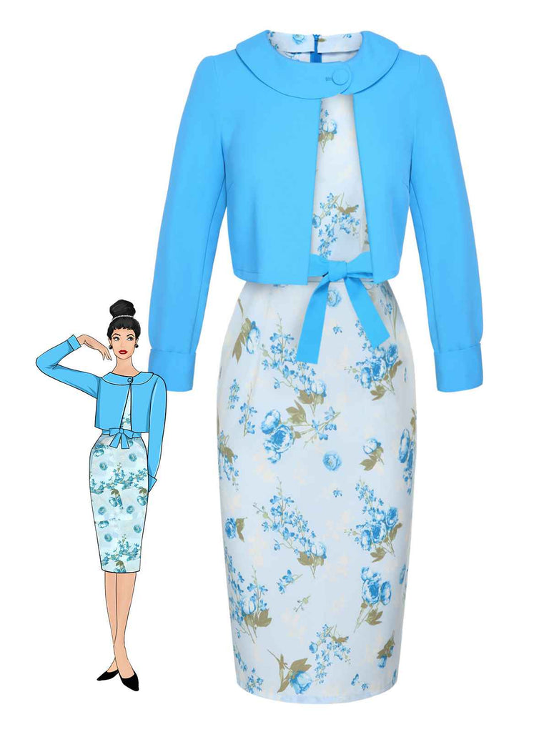 2PCS manteau à revers bleu ciel des années 1960 et robe crayon à fleurs