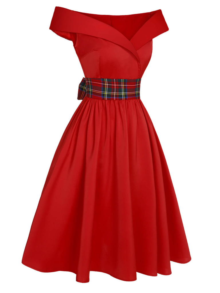 Robe rouge à épaules dénudées à carreaux de Noël des années 1950