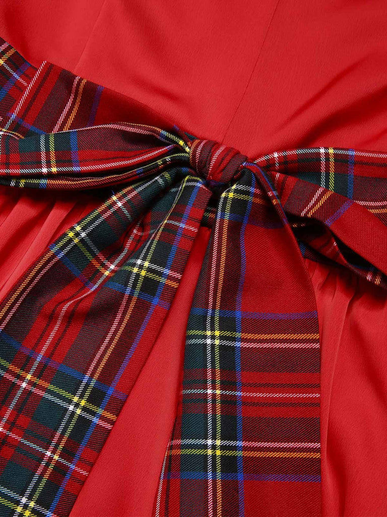Robe rouge à épaules dénudées à carreaux de Noël des années 1950