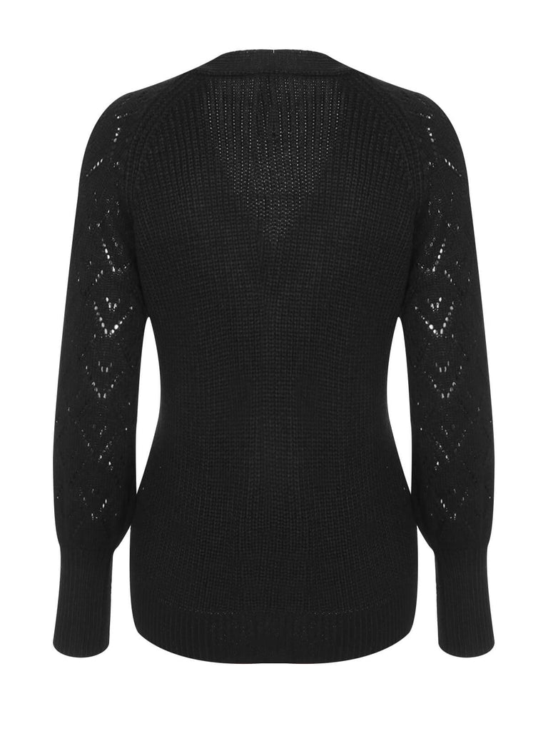 Pull noir à boutons tricotés à col en V des années 1940