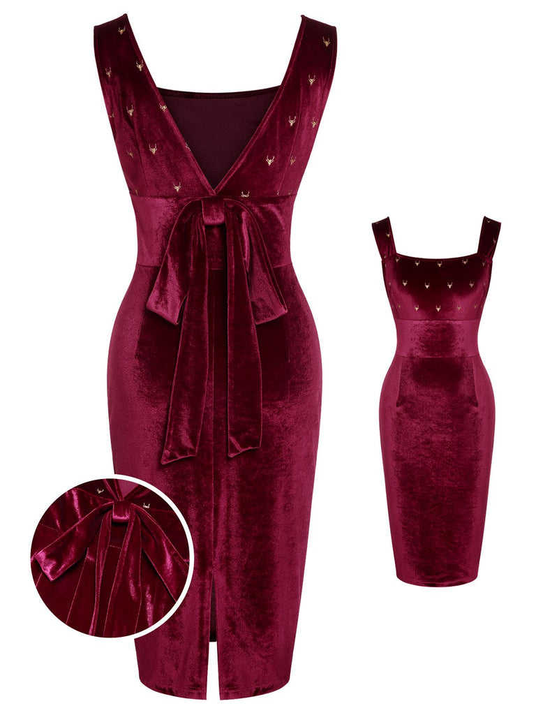 Robe à nœud en velours d'élan des années 1960 rouge vin