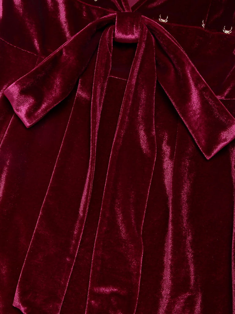 Robe à nœud en velours d'élan des années 1960 rouge vin