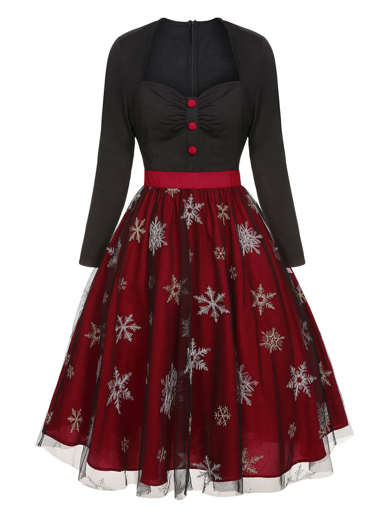 Robe en maille flocon de neige de Noël noire et rouge des années 1950