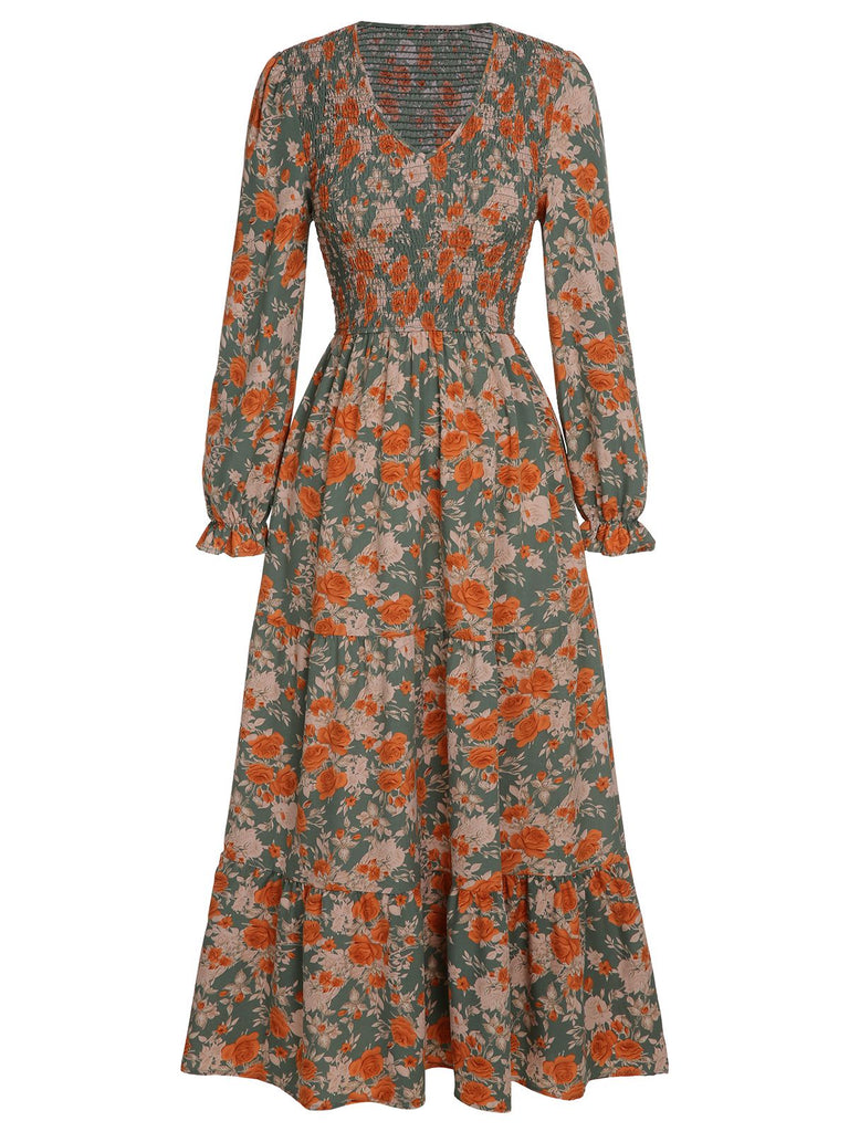 Robe florale à manches longues et col en V des années 1940