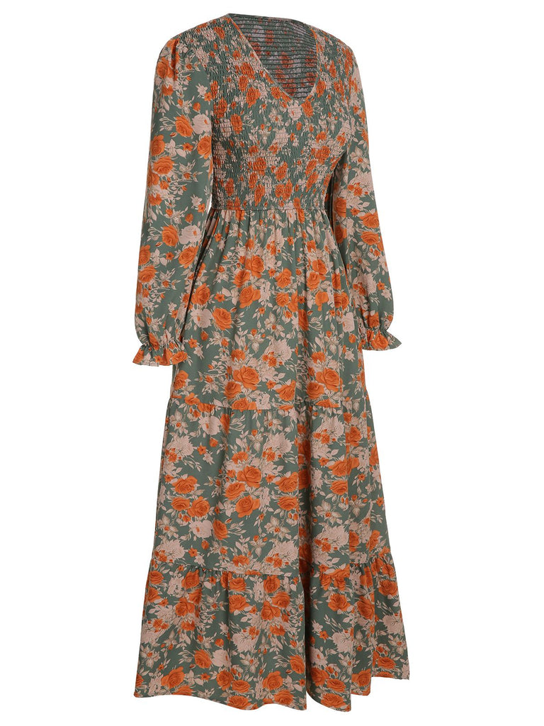 Robe florale à manches longues et col en V des années 1940