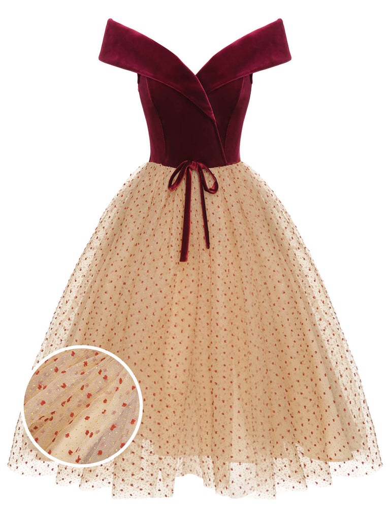 [Prévente] Robe bordeaux à pois en maille velours des années 1950