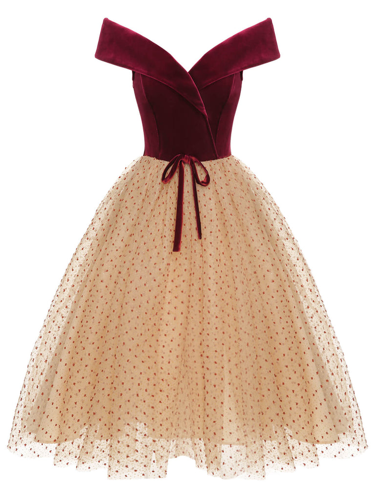 [Prévente] Robe bordeaux à pois en maille velours des années 1950