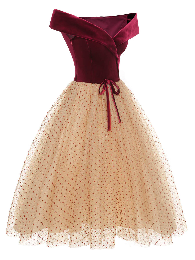 Robe bordeaux à pois en maille velours des années 1950