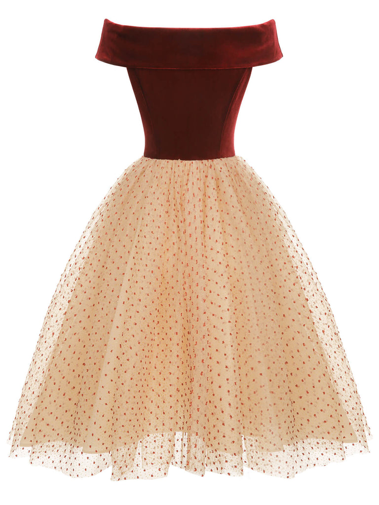 [Prévente] Robe bordeaux à pois en maille velours des années 1950