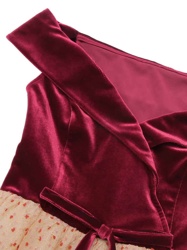 [Prévente] Robe bordeaux à pois en maille velours des années 1950