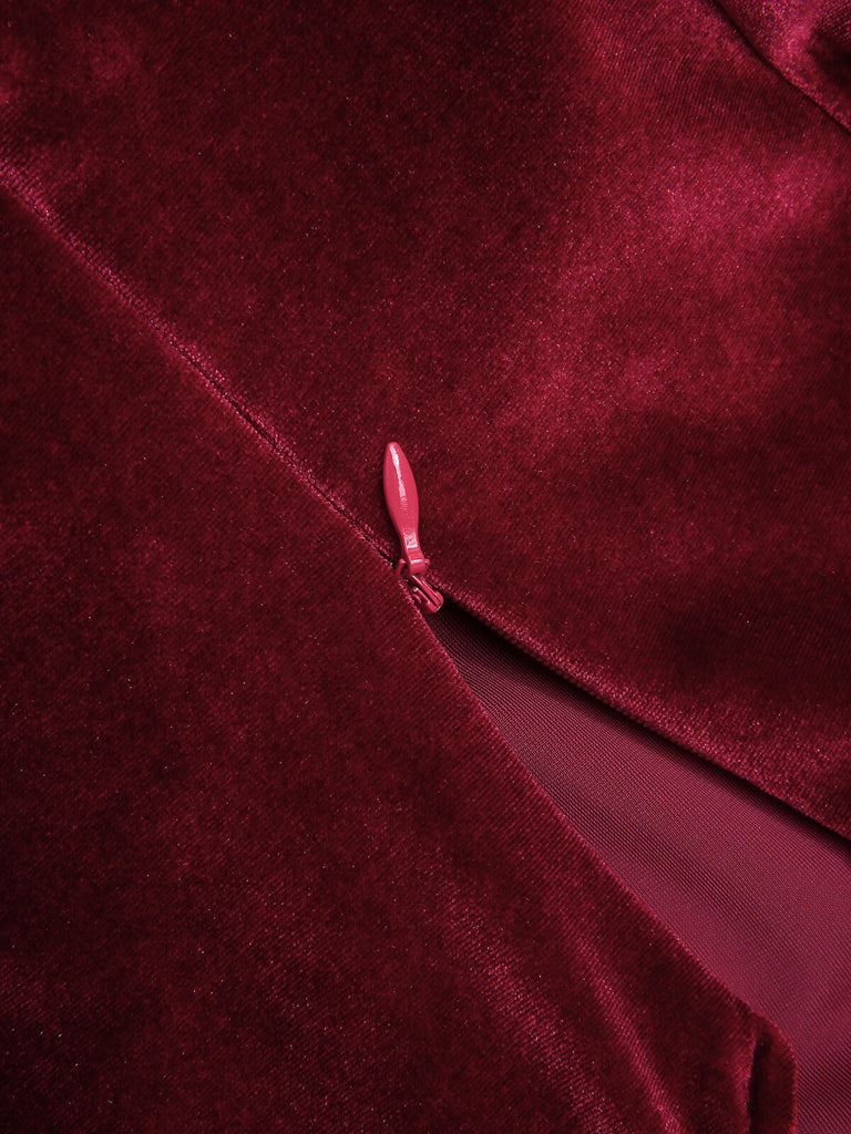 Robe bordeaux à pois en maille velours des années 1950