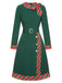 Robe patchwork à rayures vertes des années 1940 avec ceinture