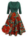[Prévente] Robe patchwork florale verte à col en V des années 1950