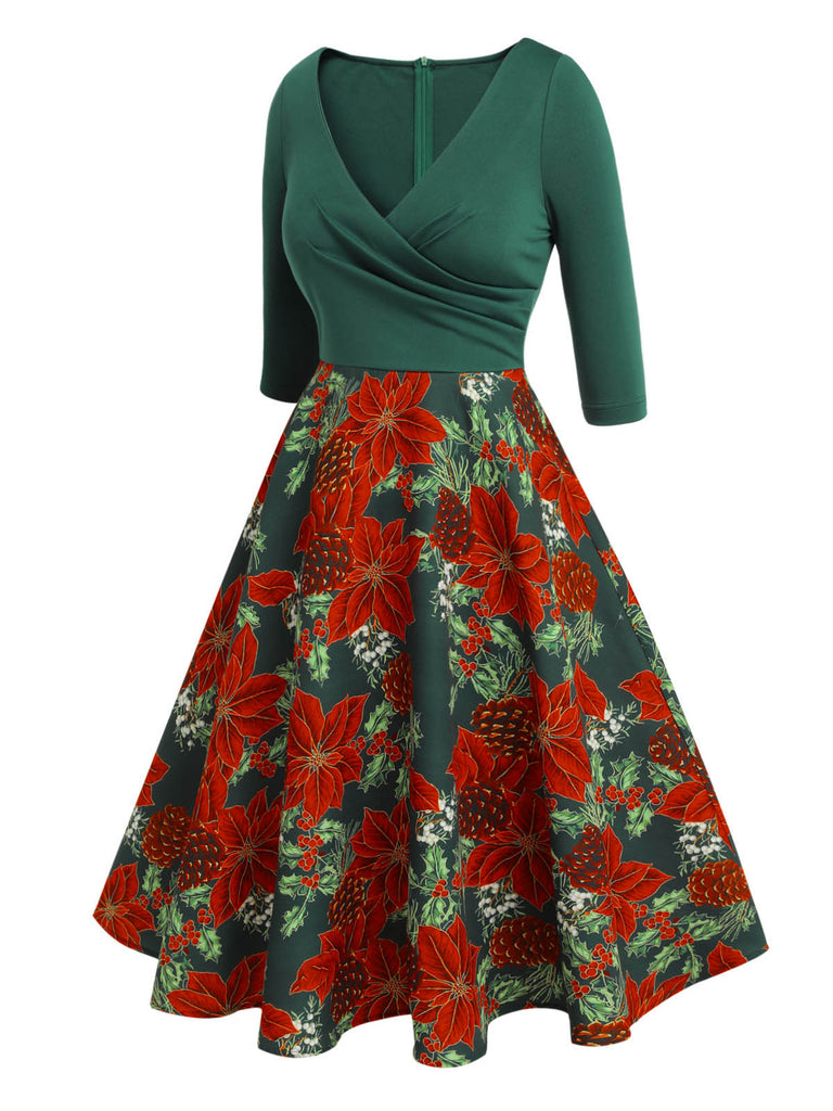 [Prévente] Robe patchwork florale verte à col en V des années 1950