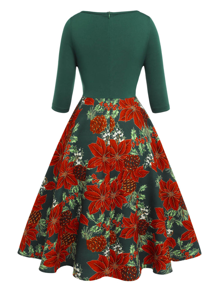 [Prévente] Robe patchwork florale verte à col en V des années 1950